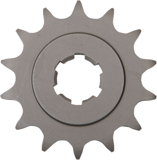 Kawasaki PU13144-035 14-tooth countershaft sprocket by PARTS UNLIMITED, metal gear with teeth for motorcycle transmission.