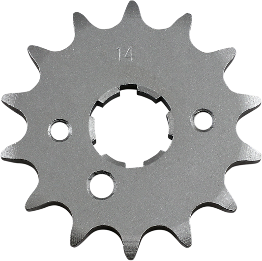 Parts Unlimited 14-tooth countershaft sprocket for Kawasaki and Yamaha motorcycles, shown in close-up image.