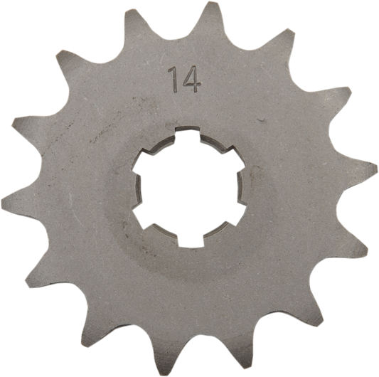 Parts Unlimited 14-tooth countershaft sprocket for Kawasaki, Suzuki, Yamaha motorcycles, durable steel motorcycle sprocket.