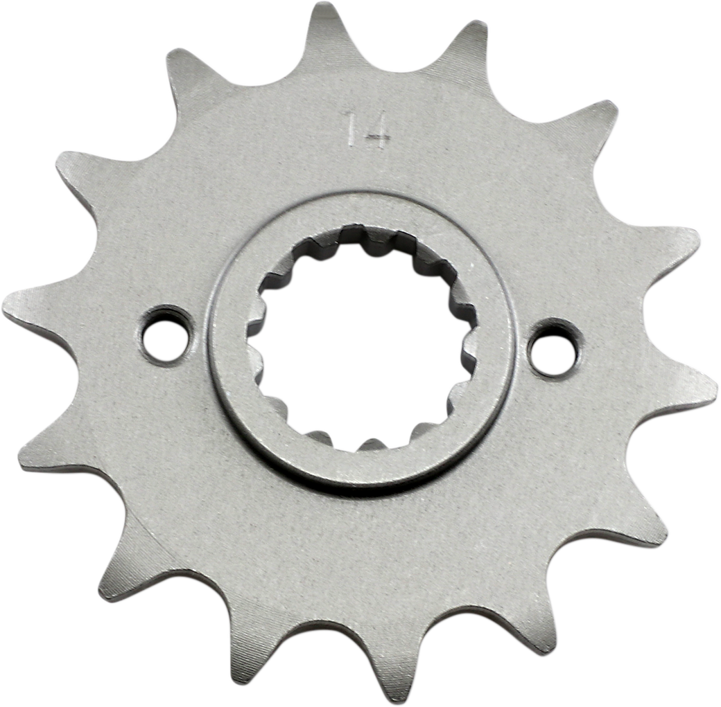 Parts Unlimited 14-tooth countershaft sprocket for Kawasaki and Suzuki motorcycles, featuring durable metal construction.