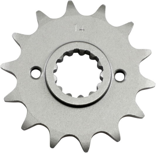 Parts Unlimited 14-tooth countershaft sprocket for Kawasaki and Suzuki motorcycles, featuring durable metal construction.