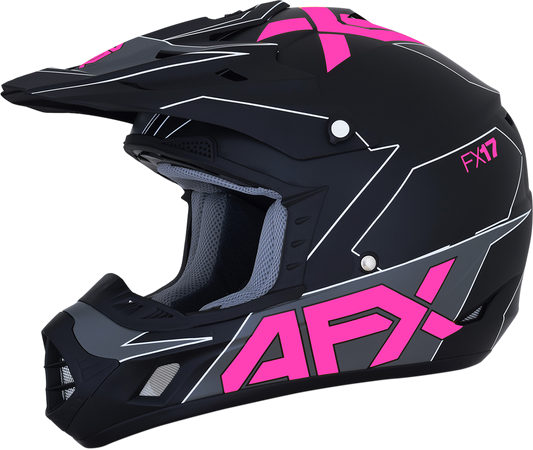 AFX FX-17 helmet in matte black and pink, large size, featuring a sleek design with ventilation vents and a secure chin strap.