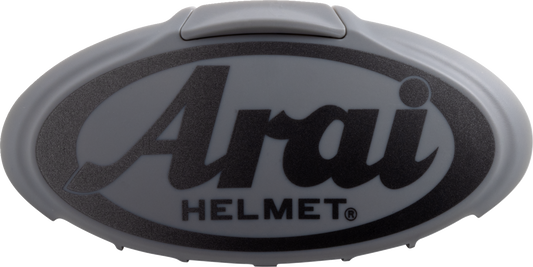 Arai Helmets 3D Arai Logo Duct in metal silver and gray, showing the detailed metallic logo on a helmet ventilation part.