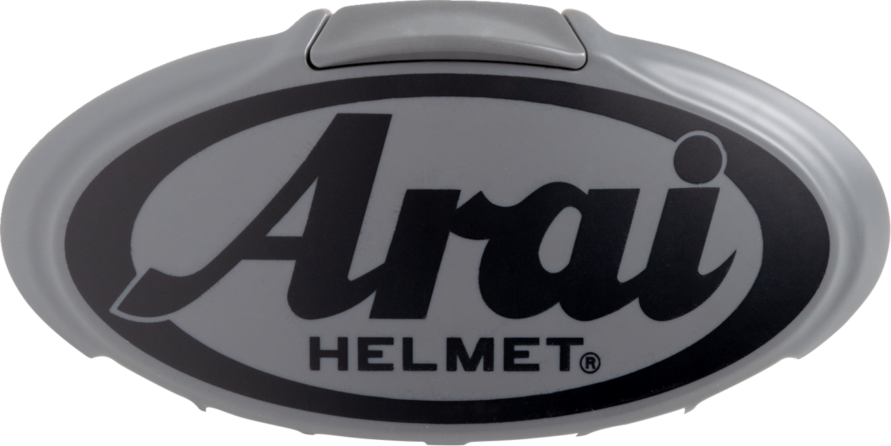 Close-up of Arai Helmets 3D logo duct on a modern gray and black helmet, showcasing branding and design details.