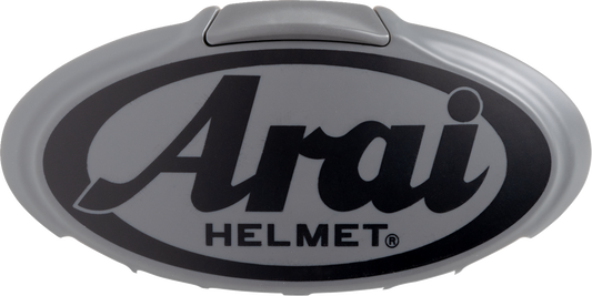 Close-up of Arai Helmets 3D logo duct on a modern gray and black helmet, showcasing branding and design details.