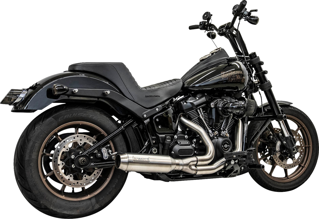 BASSANI XHAUST 2-into-1 stainless steel exhaust system with superbike muffler, showing polished pipes and muffler details.