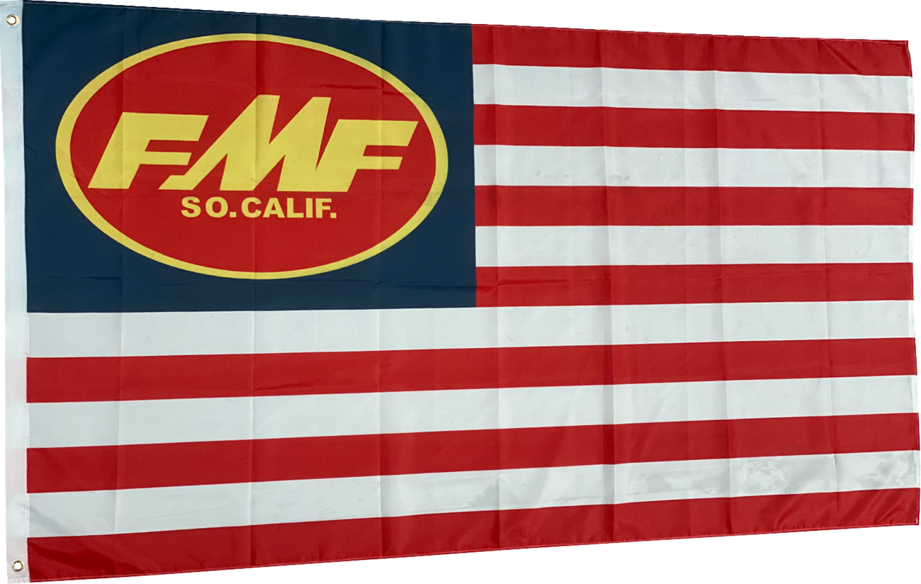 FMF flag with classic logo, suitable for camping and garage use, featuring bold FMF branding on durable fabric.