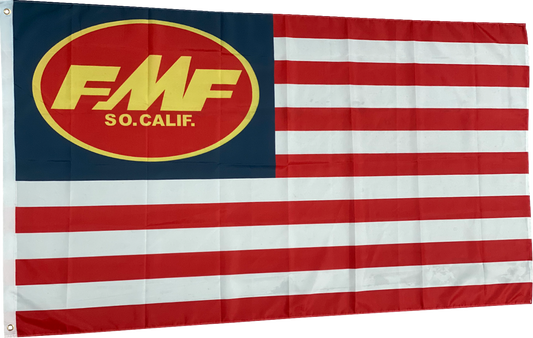 FMF flag with classic logo, suitable for camping and garage use, featuring bold FMF branding on durable fabric.