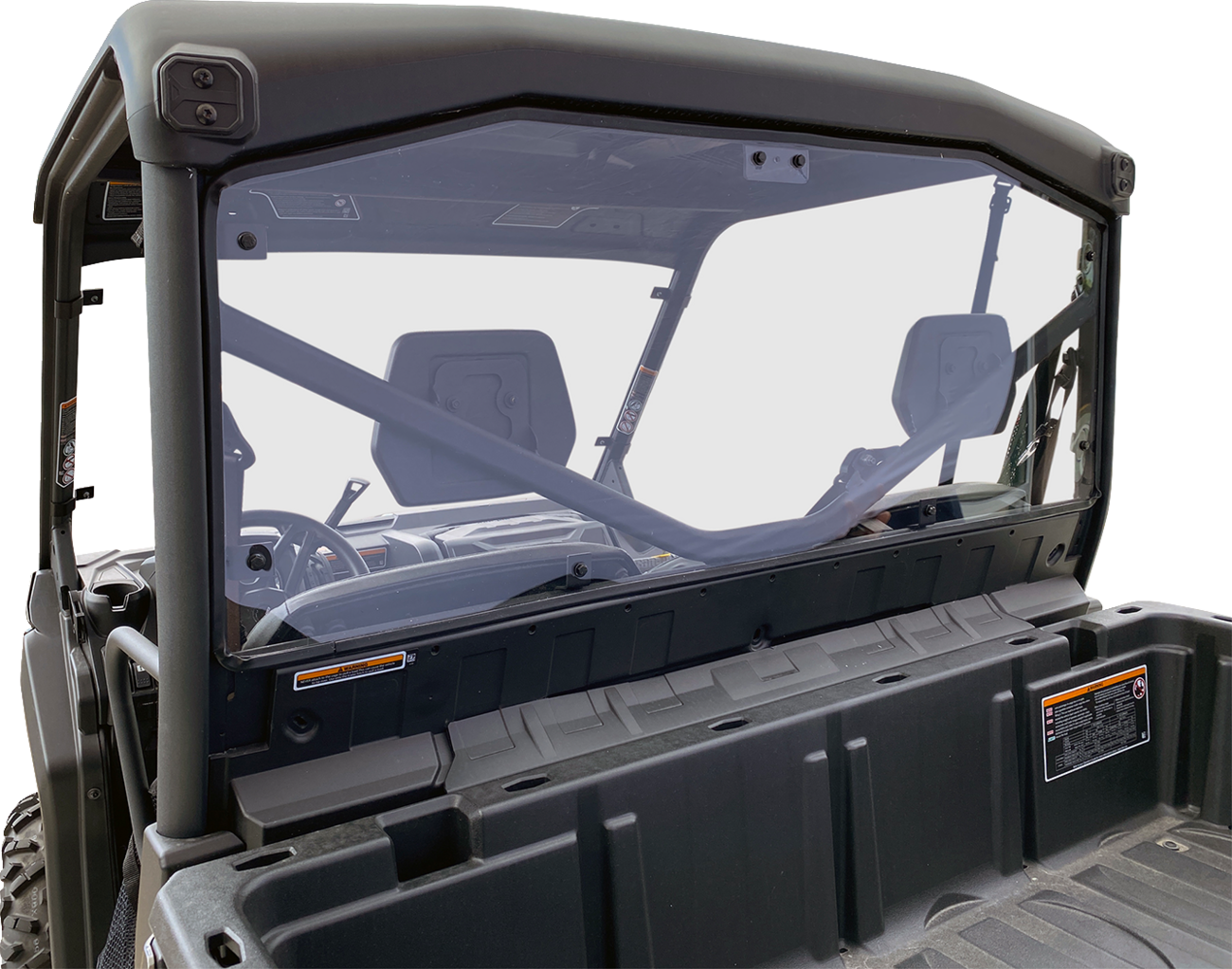MOOSE OFFROAD clear polycarbonate back panel for Can-Am Defender, durable off-road barrier with mounting hardware.