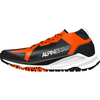 Alpinestars Meta XR v2 motorcycle shoes in black, orange, and white with US 9.5 size, featuring sleek design and protective details.