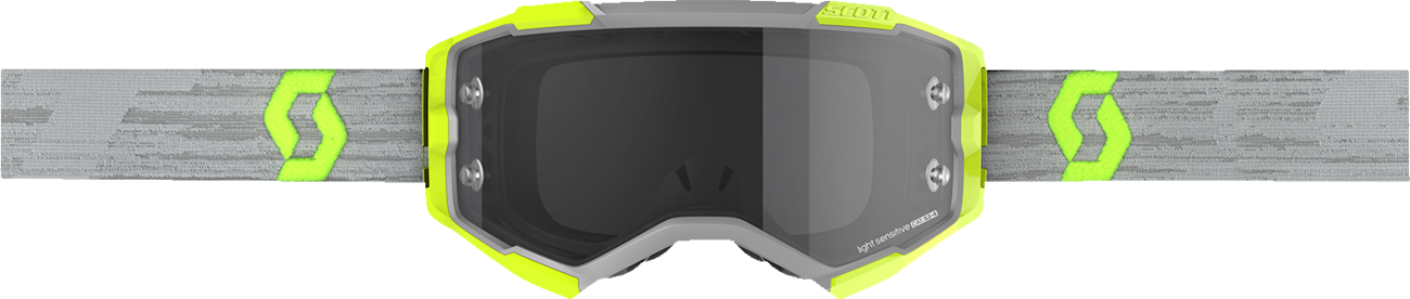 Scott Fury Light Sensitive Goggles in gray and yellow, designed for engine work, with adjustable strap and protective lens.