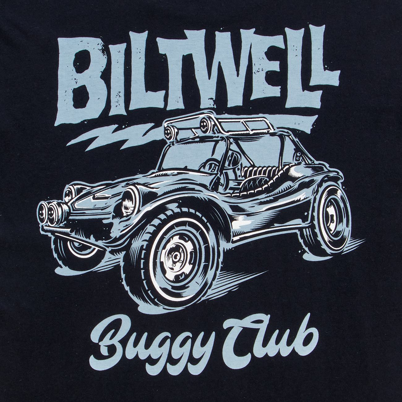 Black BILTWELL Buggy T-Shirt in Small size, featuring the Bill's Exhausts logo on the front, casual cotton fabric.