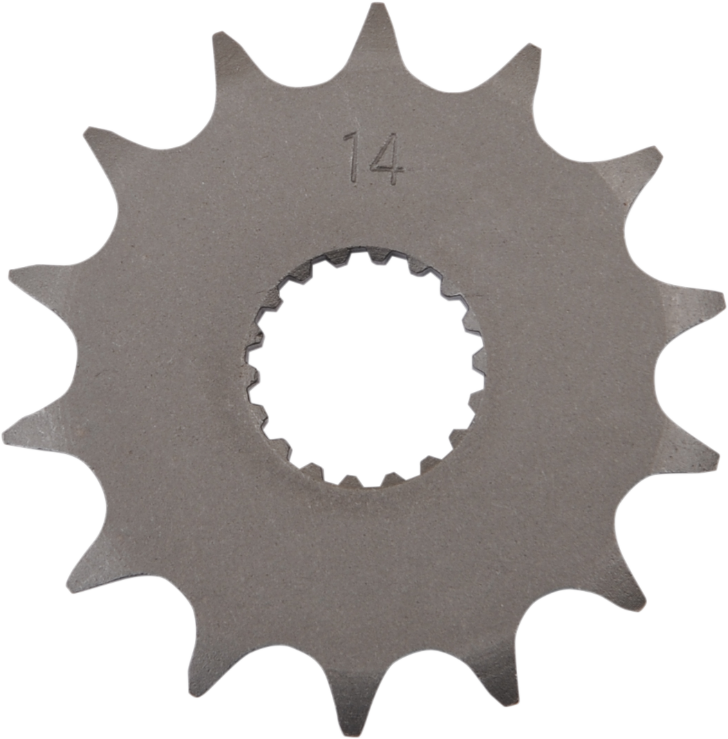 Parts Unlimited 14-tooth countershaft sprocket for Suzuki motorcycles, showing the metal sprocket with teeth and mounting hole.