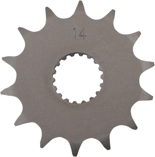 Parts Unlimited 14-tooth countershaft sprocket for Suzuki motorcycles, showing the metal sprocket with teeth and mounting hole.