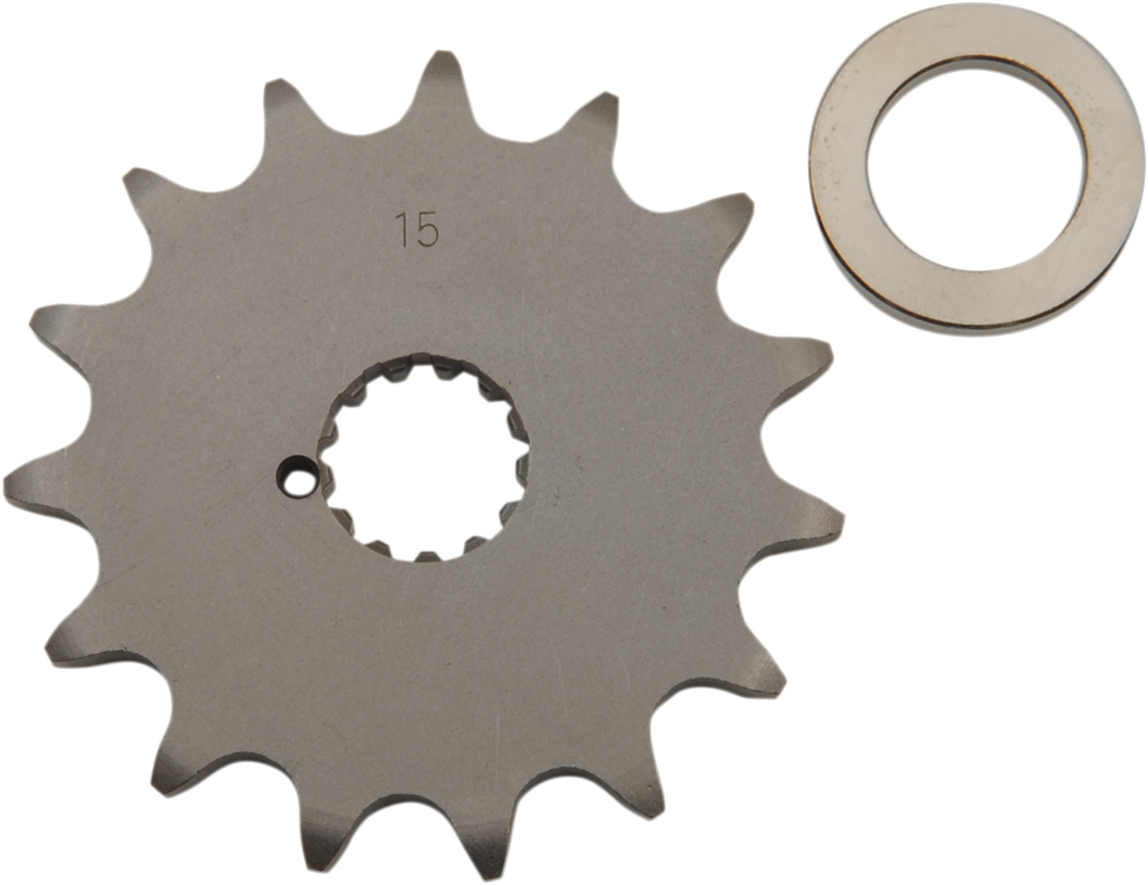 Parts Unlimited Suzuki countershaft sprocket with 15 teeth, designed for motorcycle drivetrain replacement.