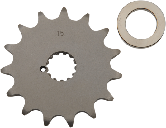 Parts Unlimited Suzuki countershaft sprocket with 15 teeth, designed for motorcycle drivetrain replacement.