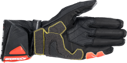 Alpinestars GP Tech V2 S motorcycle riding gloves in black, white, and fluo red with 3XL size, featuring protective knuckles.