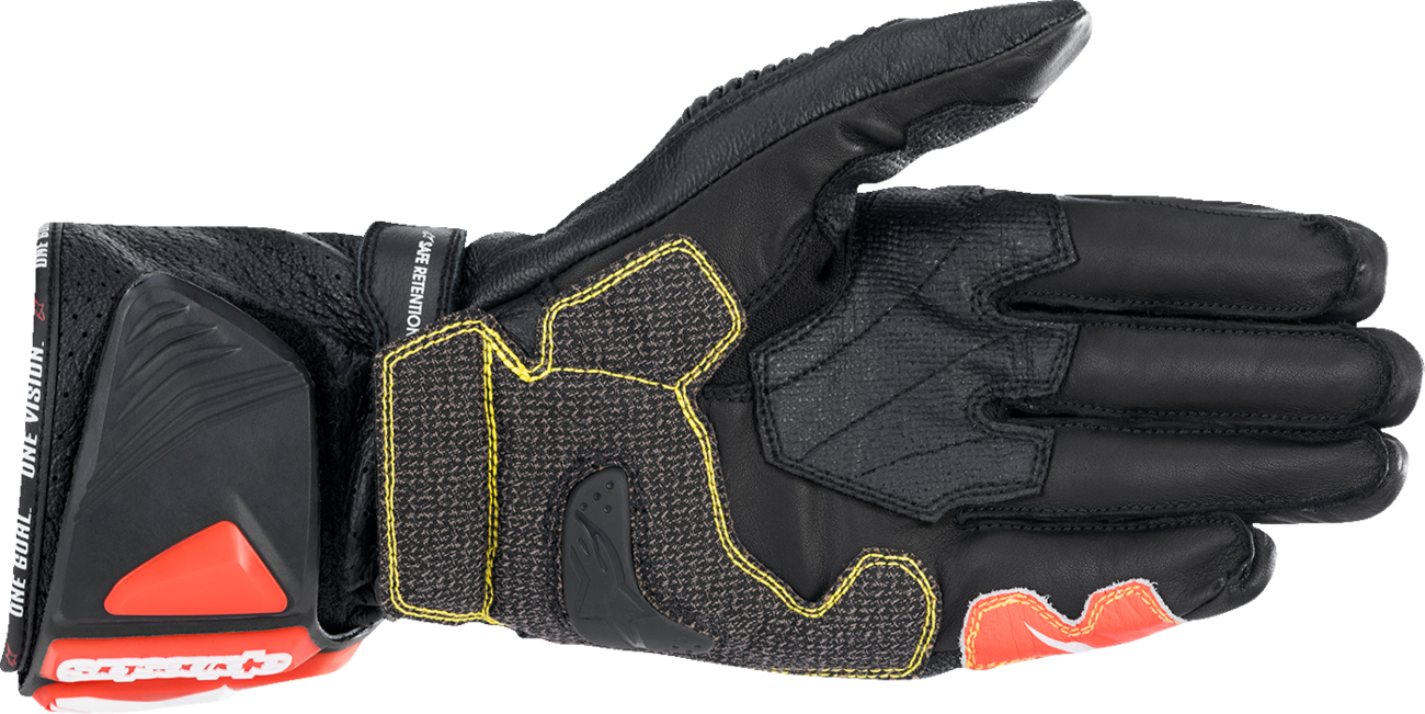 Alpinestars GP Tech V2 S motorcycle gloves in black, white, and fluo red with padding and branding details.