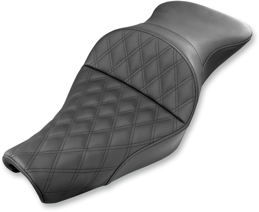 Bill's Exhausts SADDLEMEN Explorer Seat in XL with lattice stitching, featuring 3.3-gallon tanks for motorcycle touring comfort