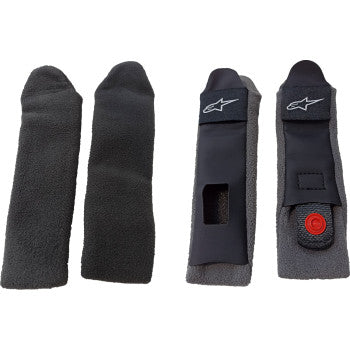 Alpinestars Supertech R10 chin strap covers in black with red accents, designed for motorcycle helmet safety and comfort.
