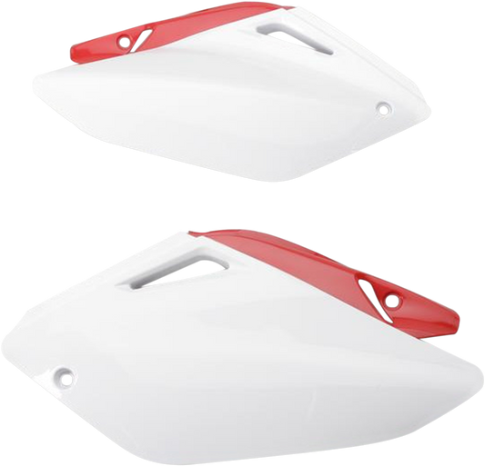 Acerbis white and red motorcycle side panel, body part with branding, designed for off-road or motocross bikes.