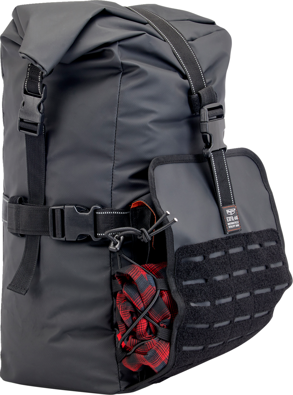 Black BILTWELL EXFIL-60 Dry Bag Gen 2 with adjustable straps and waterproof material, designed for outdoor and motorcycle gear storage.