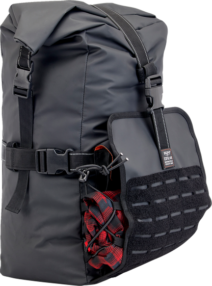 Black BILTWELL EXFIL-60 Dry Bag Gen 2 with adjustable straps and waterproof material, designed for outdoor and motorcycle gear storage.