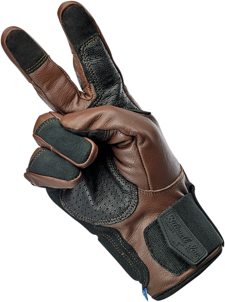 Bill's Exhausts BILTWELL Belden Gloves in chocolate and black, large size, showing textured leather and stylish design.