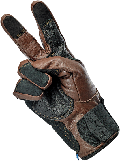 Bill's Exhausts BILTWELL Belden Gloves in chocolate and black, large size, showing textured leather and stylish design.