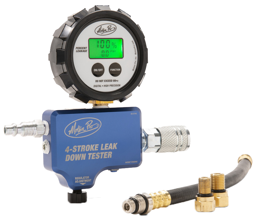 Motion Pro Digital Leak Down Tester Model 57-8740 showing digital display and engine cylinder diagnostic tool for leak testing.