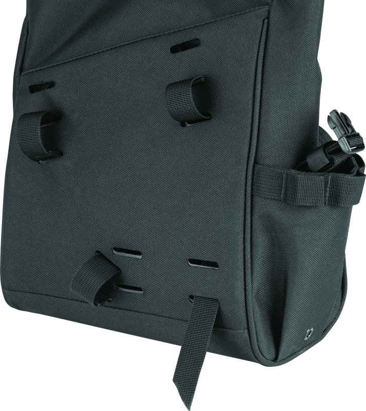 Kuryakyn Hoodrat Universal Swingarm Bag mounted on powersports motorcycle swingarm with storage compartments and secure straps