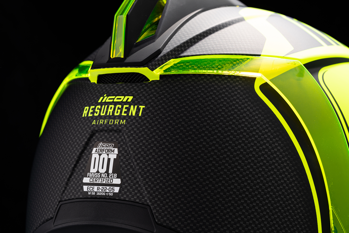 Bill's Exhausts ICON Airform™ Helmet Resurgent Hi-Viz XS, lightweight motorcycle helmet with bright visibility and aerodynamic design.