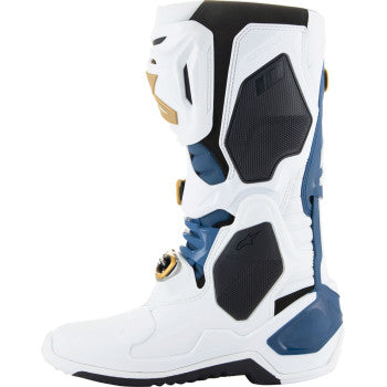 Alpinestars Arlington LE Tech 10 motorcycle boots in white, blue, and gold with US size 9, featuring protective design and sturdy soles.