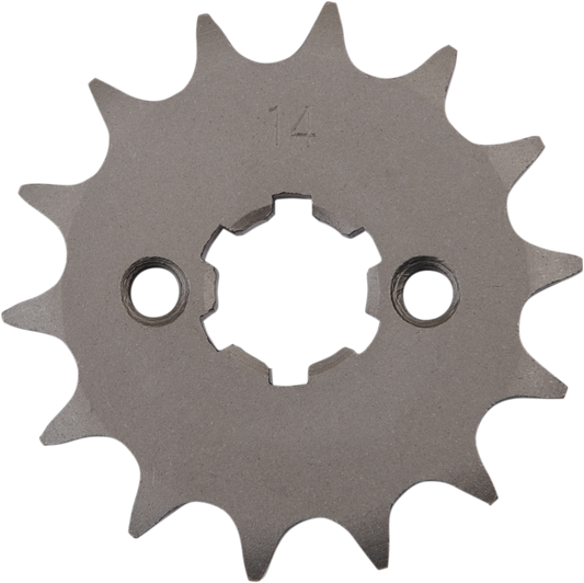 Parts Unlimited 14-tooth countershaft sprocket for Suzuki motorcycles, featuring durable steel construction and precise fit.