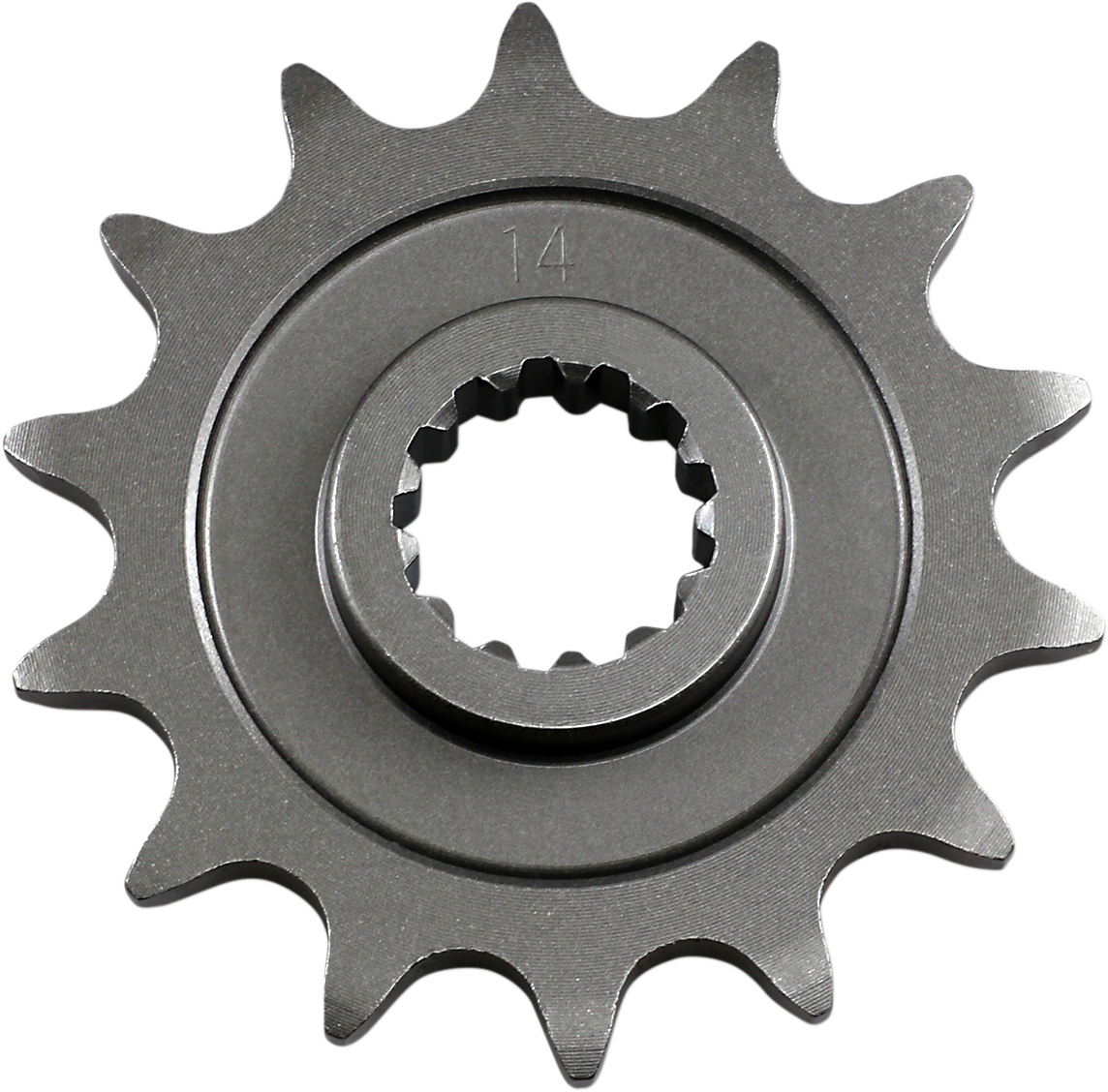 Parts Unlimited 14-tooth countershaft sprocket for Suzuki and Kawasaki motorcycles, shown in the image.