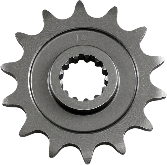 Parts Unlimited 14-tooth countershaft sprocket for Suzuki and Kawasaki motorcycles, shown in the image.