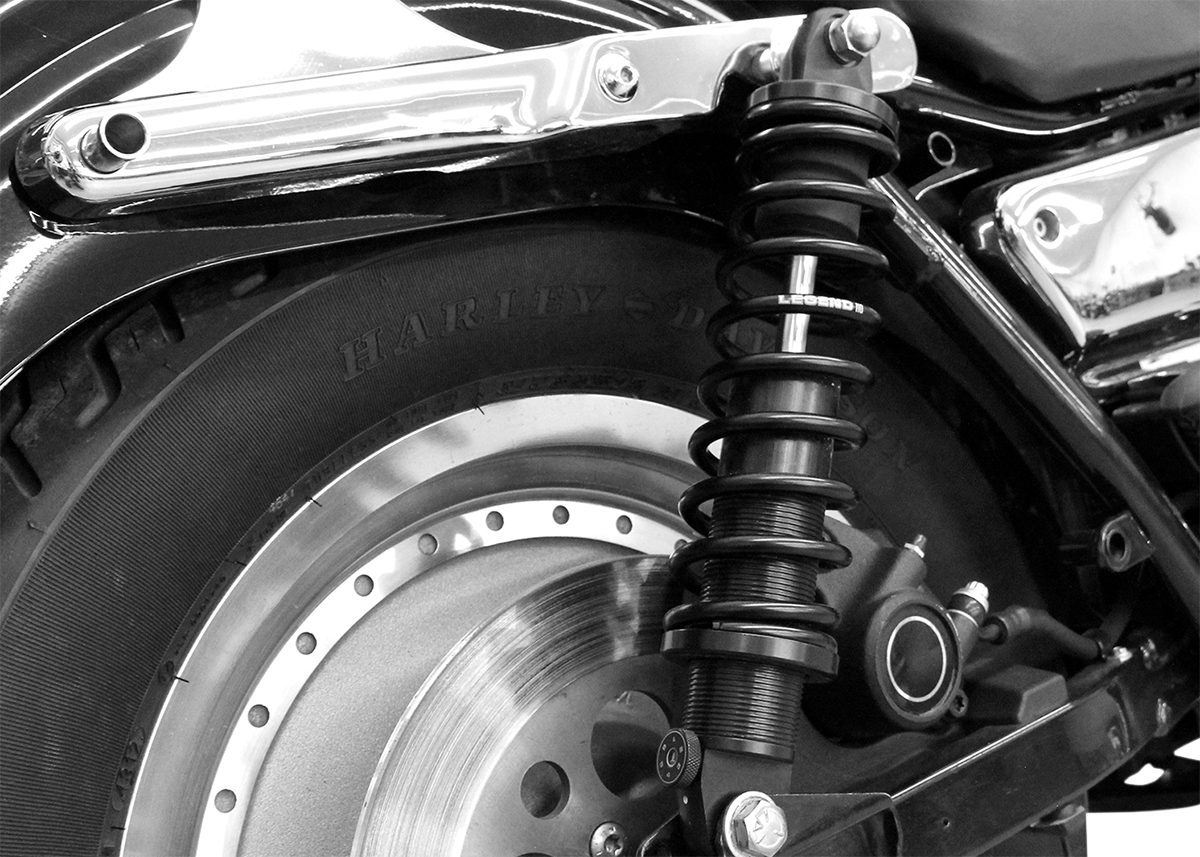 Legend Suspension REVO-A adjustable FXR coil suspension, 14-inch heavy-duty gloss black shock absorber for motorcycles.