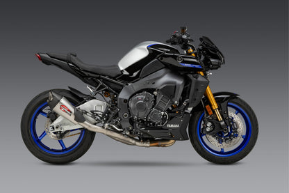 YOSHIMURA Race AT2 stainless steel exhaust with carbon fiber end cap, featuring sleek design and branding on the muffler.