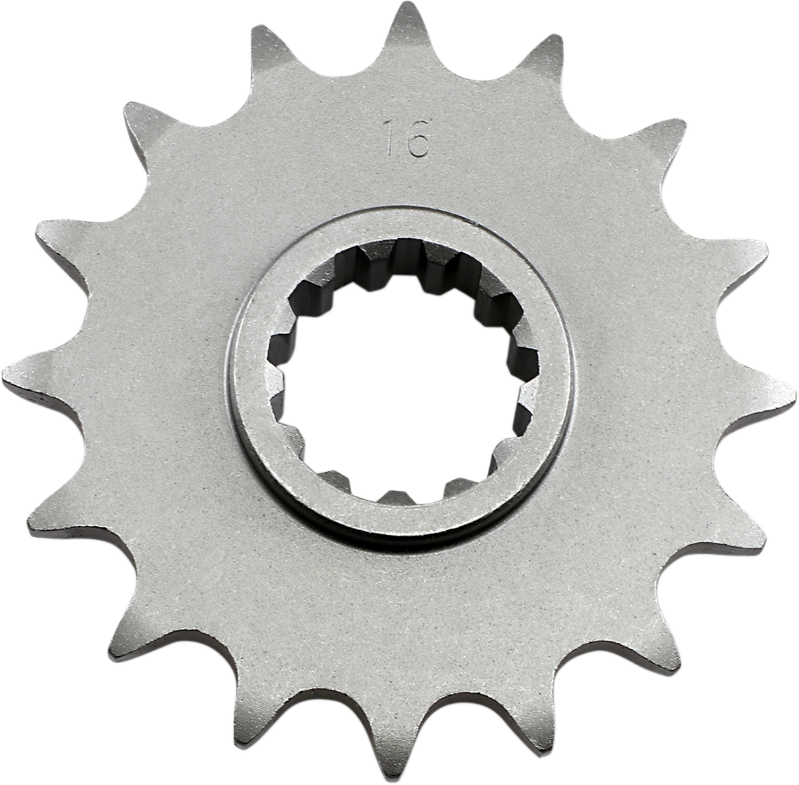 Parts Unlimited Honda 16-tooth countershaft sprocket, durable metal gear for motorcycle transmission, shown in black finish.