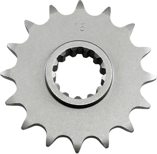 Parts Unlimited Honda 16-tooth countershaft sprocket, durable metal gear for motorcycle transmission, shown in black finish.