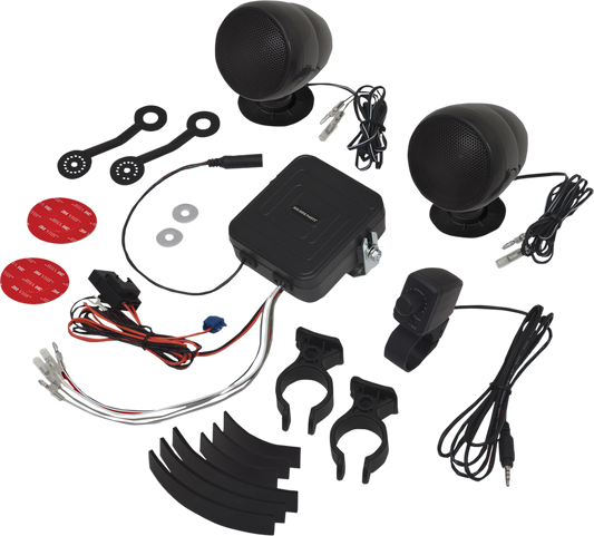 Bill's Exhausts SHOW CHROME Waterproof Sound System speakers with black finish, designed for durable outdoor audio performance.
