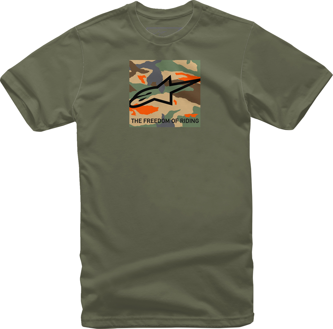 Alpinestars Free Camo T-Shirt in military camouflage, medium size, featuring a casual fit and brand logo on the front.