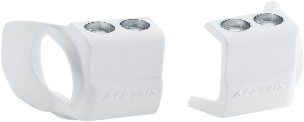 White Acerbis shoe protectors for inverted forks, designed to shield motorcycle fork bodies, by Bill's Exhausts.