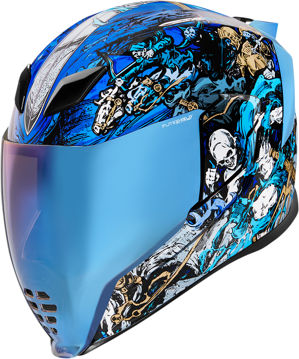 Blue ICON Airflite™ helmet with 4Horsemen design, large size, featuring aerodynamic shape and detailed graphics.