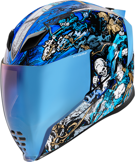 Blue ICON Airflite™ helmet with 4Horsemen design, large size, featuring aerodynamic shape and detailed graphics.