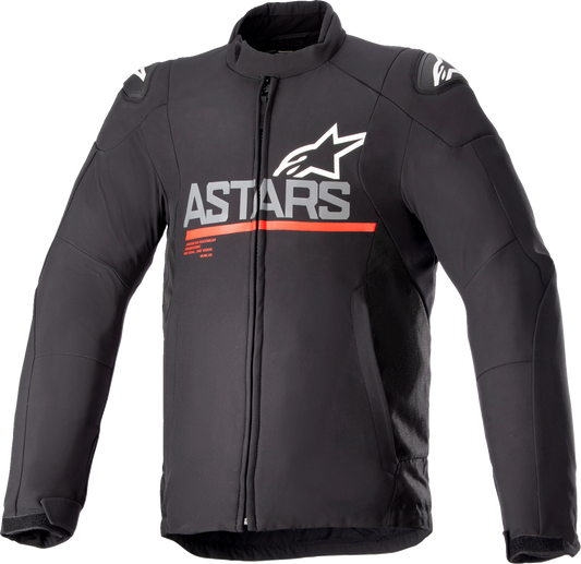 Alpinestars SMX waterproof motorcycle jacket in black, gray, and red with reflective details, size small, shown on a hanger.