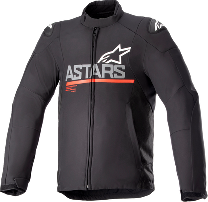 Black, gray, and red ALPINESTARS SMX waterproof motorcycle jacket with visible front zipper and adjustable collar, size medium.