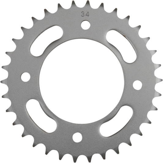 Parts Unlimited 34-tooth rear sprocket for Honda motorcycles, showing the metal sprocket with teeth and mounting hole details.