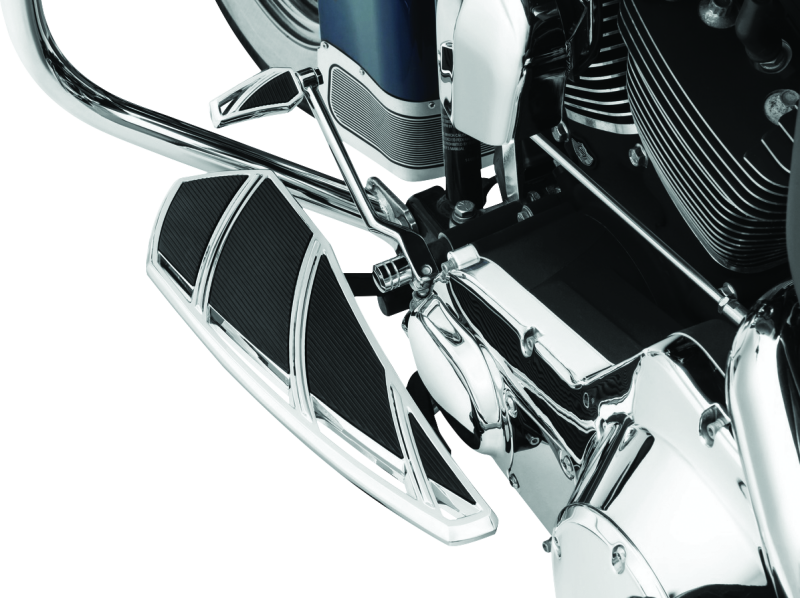 Chrome Kuryakyn Phantom Floorboards for Harley-Davidson motorcycle showcasing sleek metal footrest platforms
