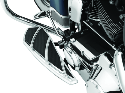 Chrome Kuryakyn Phantom Floorboards for Harley-Davidson motorcycle showcasing sleek metal footrest platforms